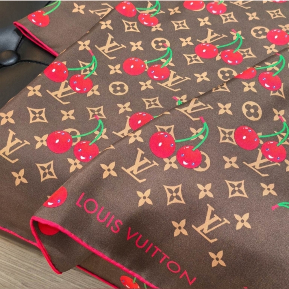 Cherry Print Scarf in Brown and Red - Picture 6 of 10